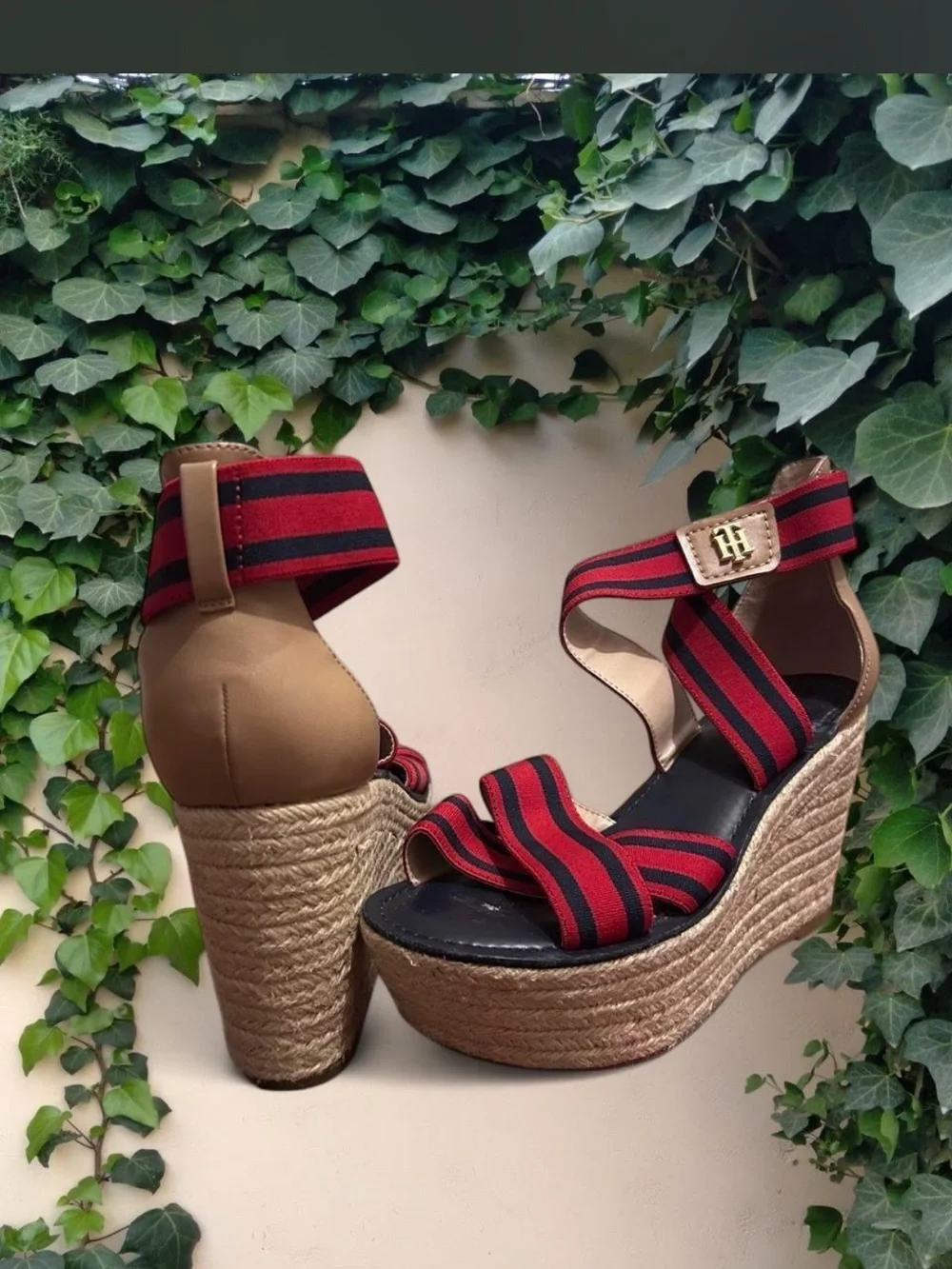 Tommy Hilfiger Women's Red and Black Striped Wedge espadrille Sandals